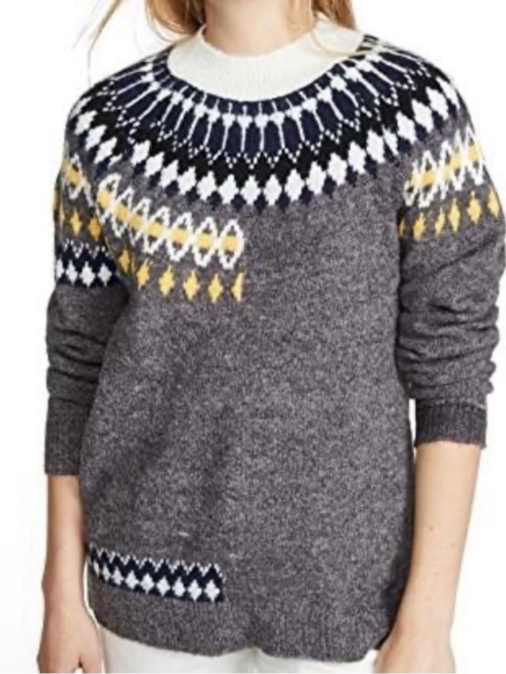 DNA Gray Fair Isle Yellow Print High Crew Neck Sweater Size Small